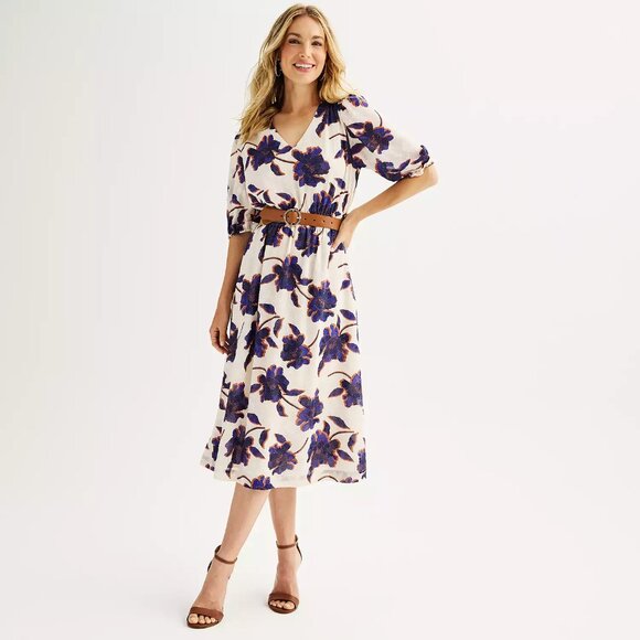 Women's Draper James Elbow Sleeve Midi Dress Cream Floral Print l Size 2X - Picture 1 of 10